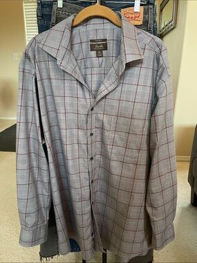 NWOT Tasso Elba Men's Gray Plaid Button-Down with Red Windowpane No Iron XXL